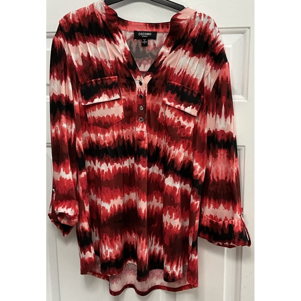 Cocomo Red Tie Dye Pintuck Front 3/4 Roll Tab Sleeve Blouse Plus Size Women's 1X